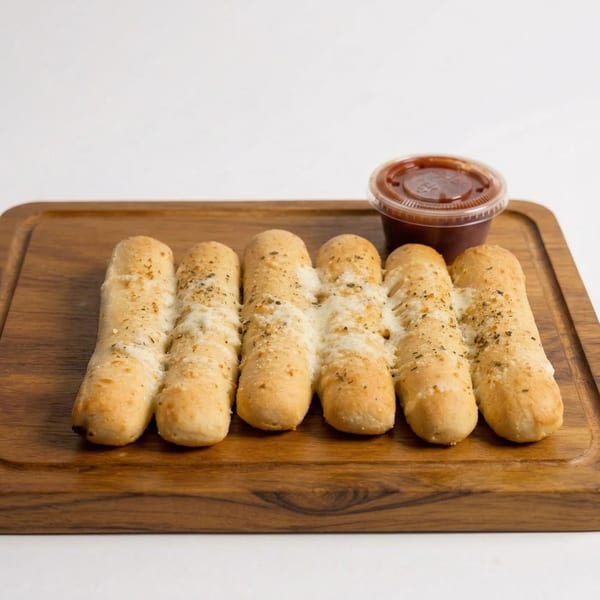 Six cheesy breadsticks with herbs and a side of marinara sauce on a wooden board.