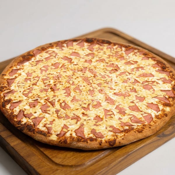 A whole Fiesta Pizza with ham and pineapple toppings on a wooden serving board.