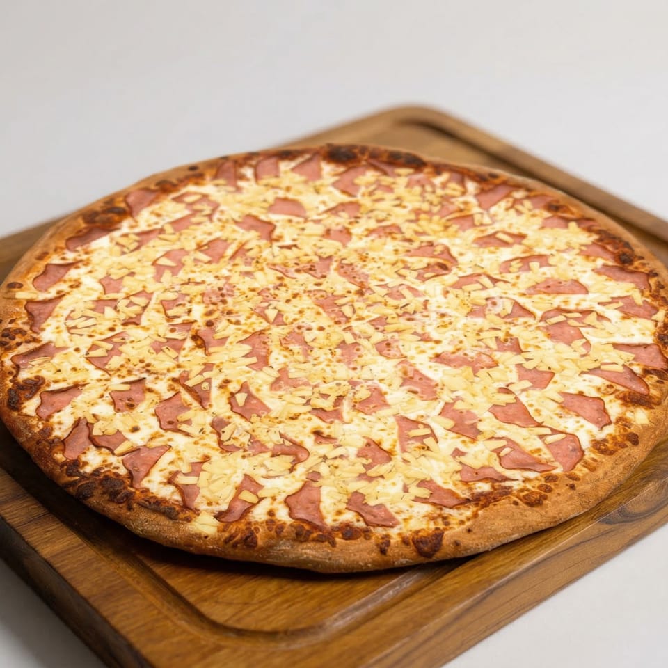 A whole Fiesta Pizza with ham and pineapple toppings on a wooden serving board.