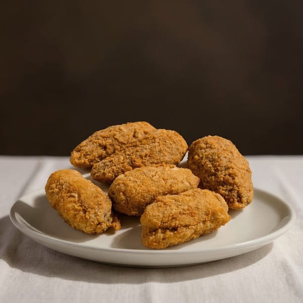 A white plate holds five golden-brown, crispy fried chicken wings from Fiesta Pizza.