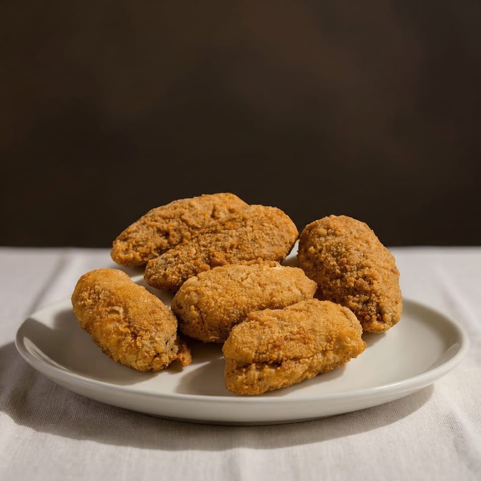 A white plate holds five golden-brown, crispy fried chicken wings from Fiesta Pizza.