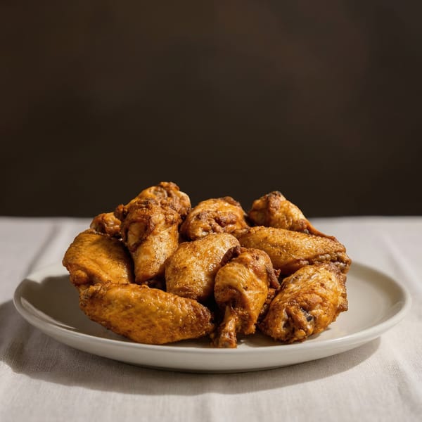 A white plate filled with golden-brown, crispy chicken wings on a white tablecloth.