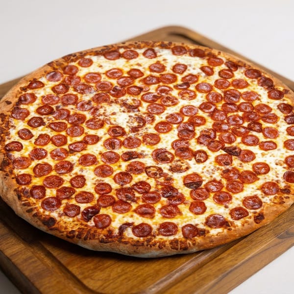 A large, round pepperoni pizza with melted cheese on a wooden cutting board.